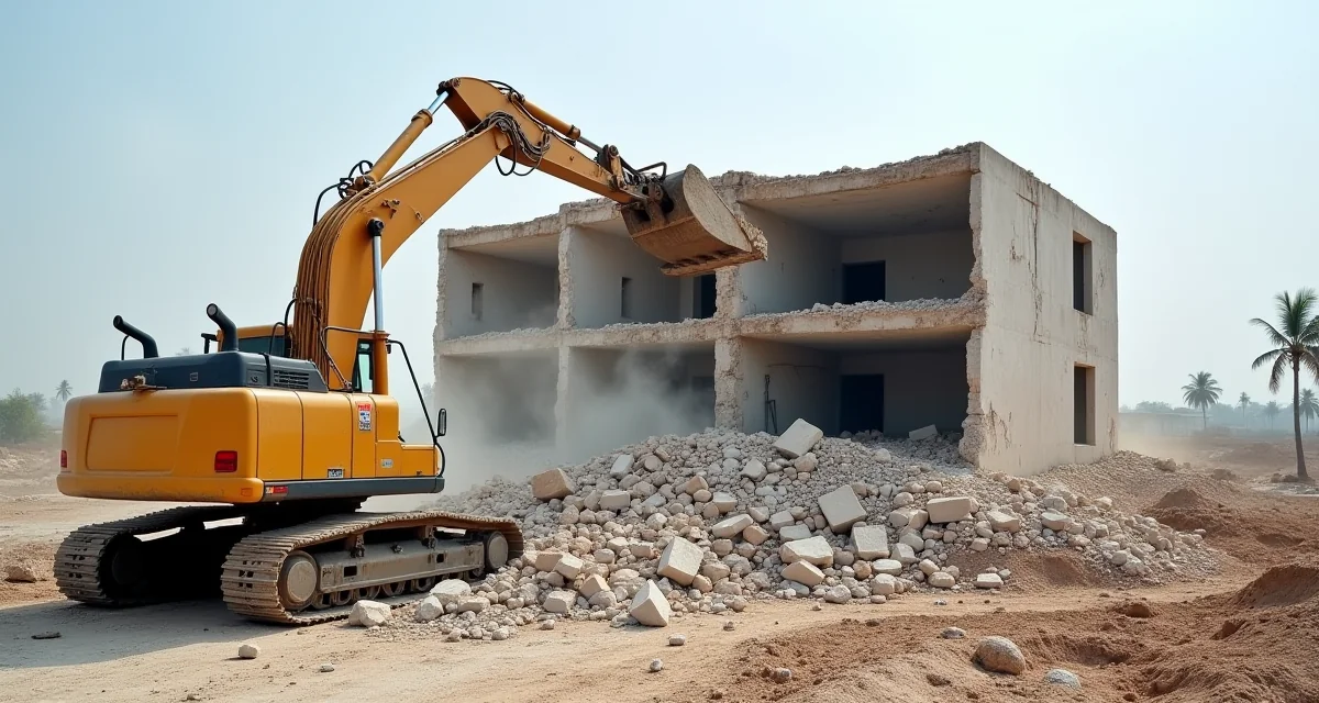 Escavatore che demolisce un edificio abusivo in cemento con detriti e polvere sotto la luce del giorno