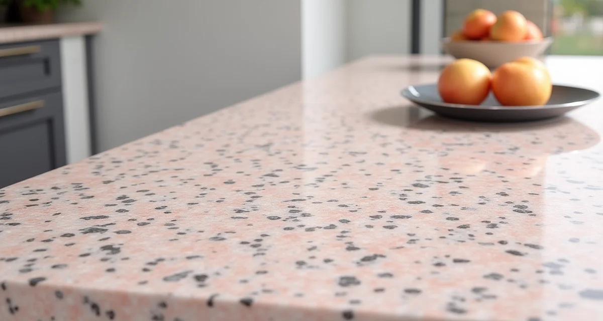 Piano cucina in granito rosa beta con venature grigie e rosate, dettaglio ravvicinato della superficie levigata