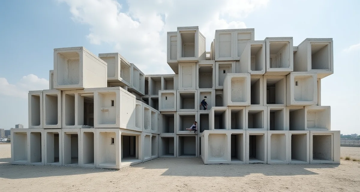 I cubi di calcestruzzo impilati dell'edificio Habitat 67 a Montreal sotto la luce del giorno