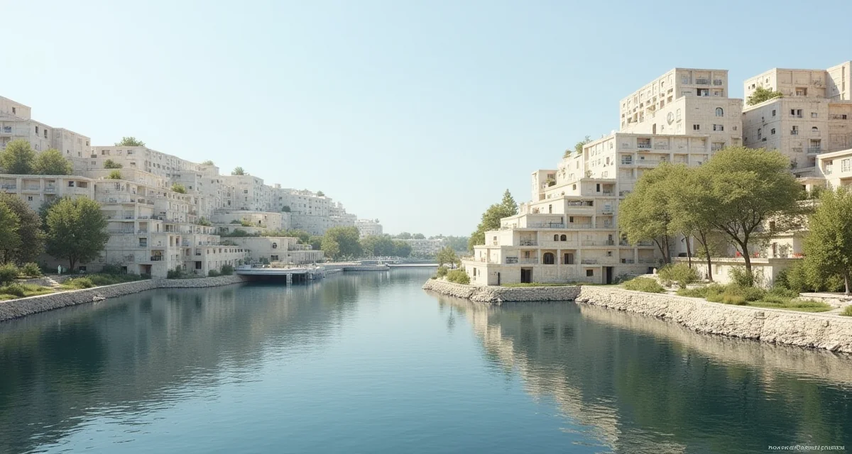 Vista del complesso abitativo Habitat 67 con terrazzamenti e giardini illuminati dalla luce diurna