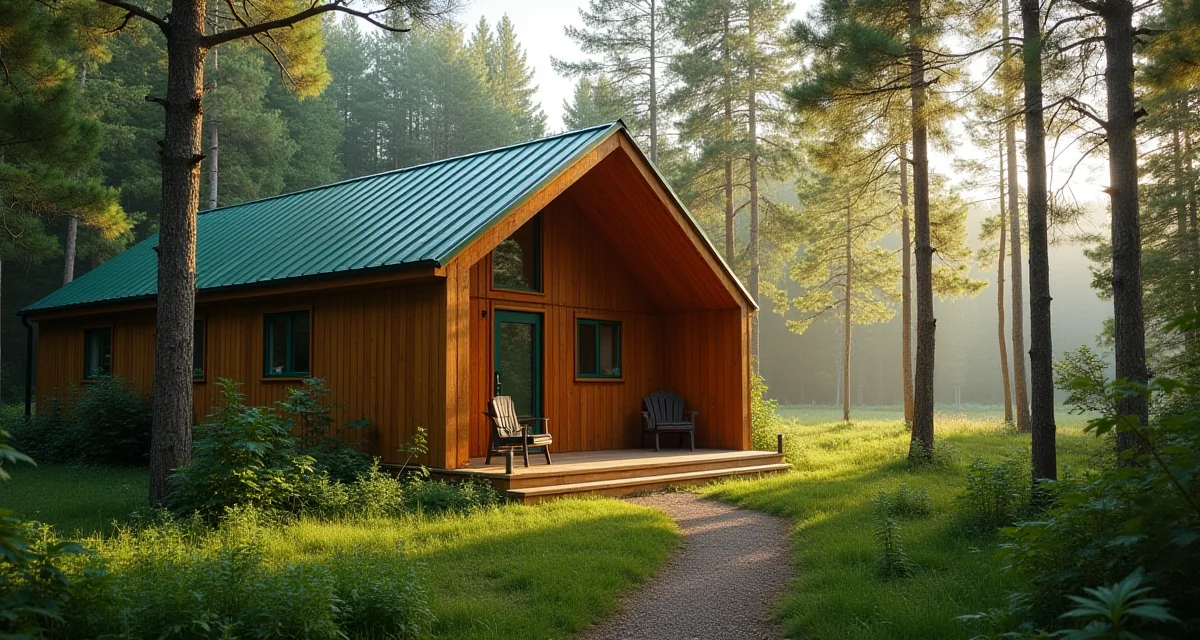 Lodge ecologica in legno con tetto verde immersa nella foresta illuminata dalla luce del mattino