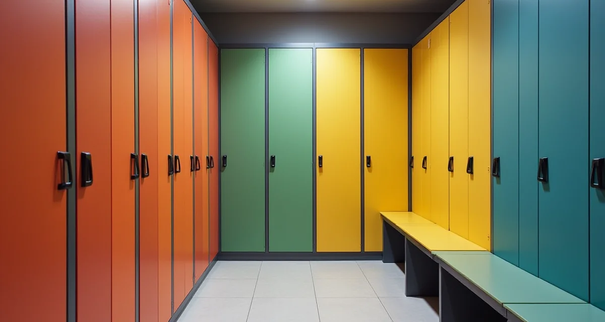 Armadietti e panche in laminato HPL colorato per spogliatoio palestra con finitura resistente e moderna