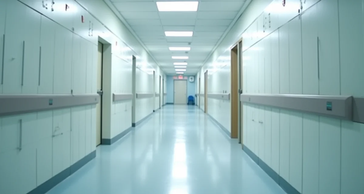 Corridoio ospedaliero con pannelli HPL sulle pareti e armadietti in materiale laminato ad alta pressione
