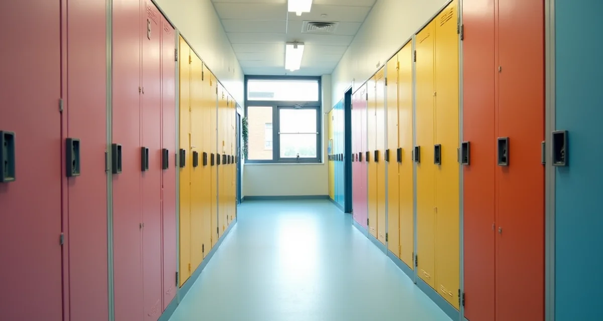 Corridoio scolastico con armadietti HPL colorati disposti in file ordinate lungo le pareti