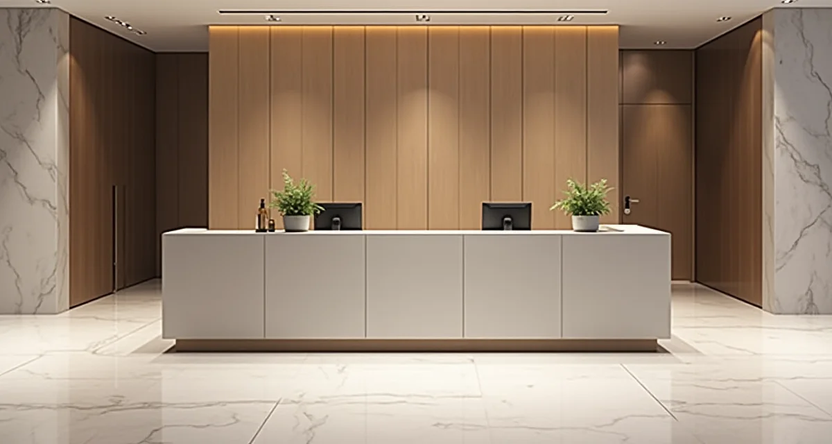 Scrivania da reception rivestita in laminato HPL ad alta pressione in un moderno atrio vuoto