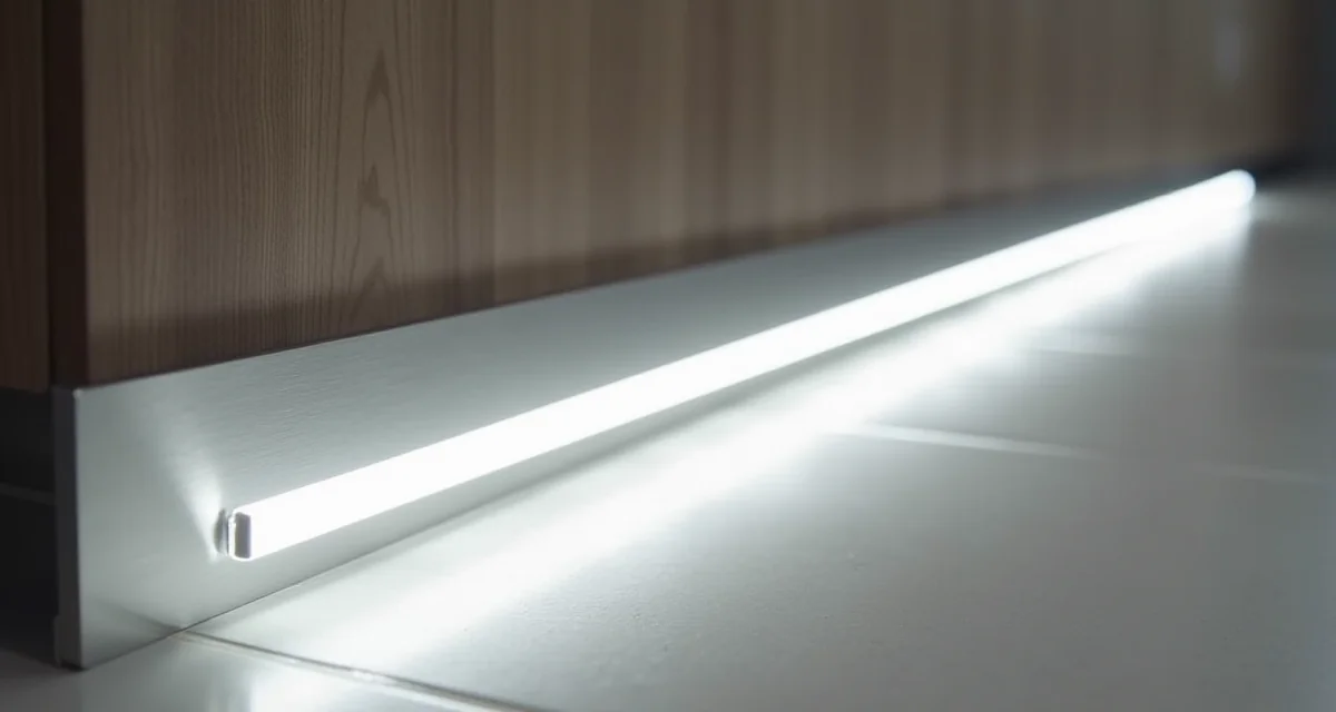 Battiscopa in alluminio spazzolato con striscia LED integrata lungo un pavimento moderno