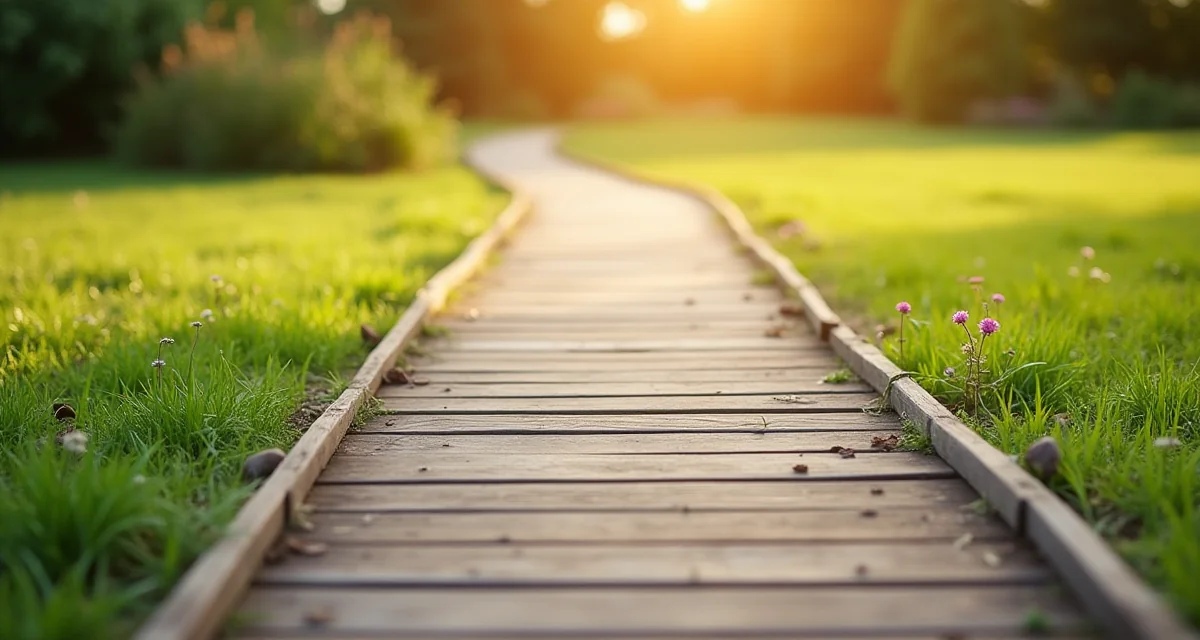Passerella in legno che attraversa il prato del giardino con piante ai lati e luce calda