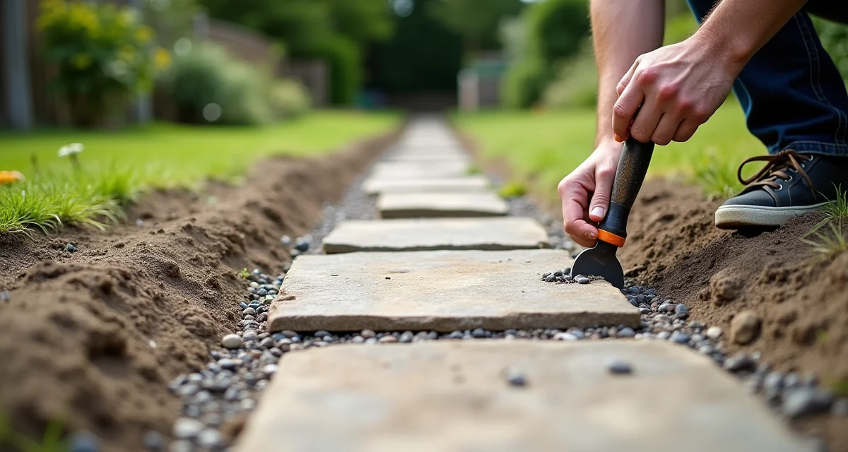 Cammino da giardino in costruzione con base di ghiaia e lastre di pietra parzialmente posate