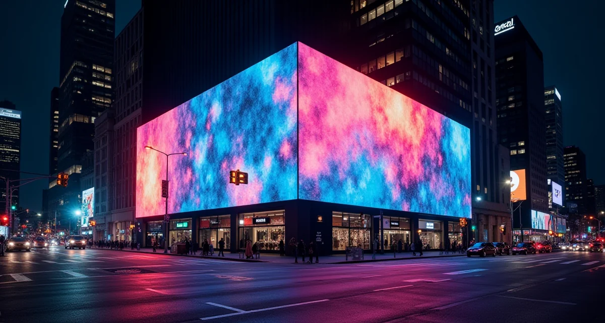 Maxischermo LED installato su edificio urbano notturno che emette luci astratte colorate