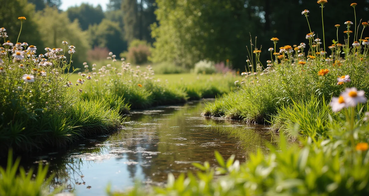 Giardino ecosostenibile con piante autoctone, aiuola di fiori selvatici e piccolo stagno in una giornata soleggiata