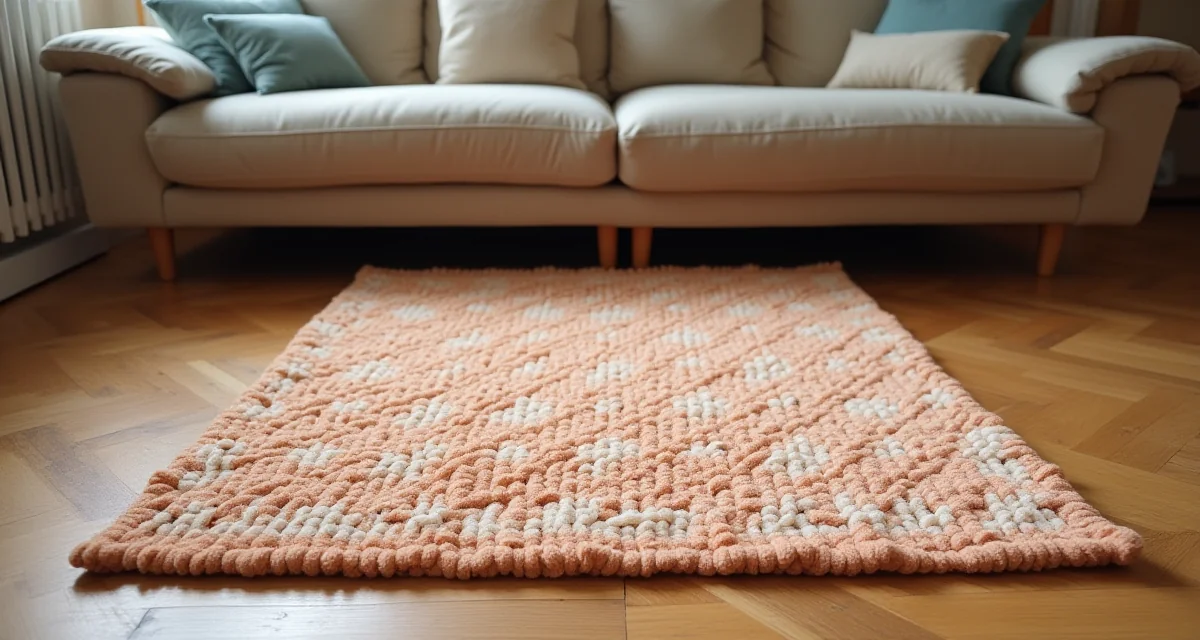 Tappeto in lana con motivo geometrico e colori caldi posato su pavimento in legno