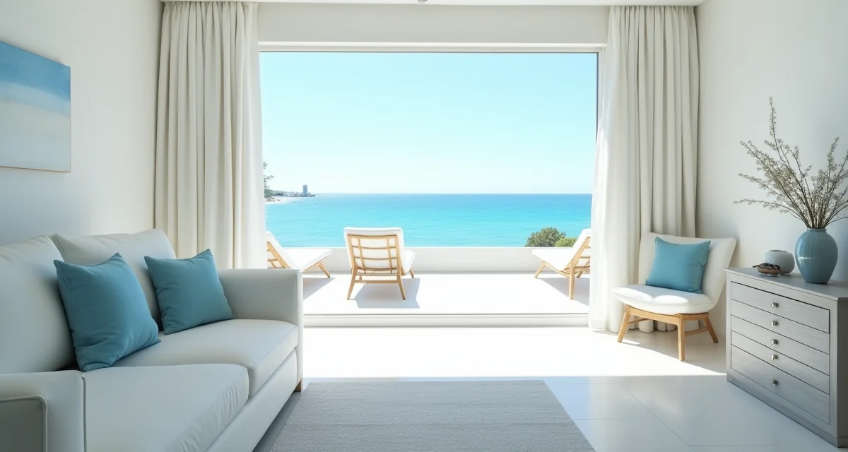 Soggiorno luminoso di una casa al mare con arredi bianchi e blu e vista sul mare