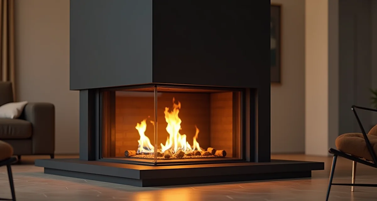Caminetto moderno in acciaio nero con fiamma viva che illumina il soggiorno