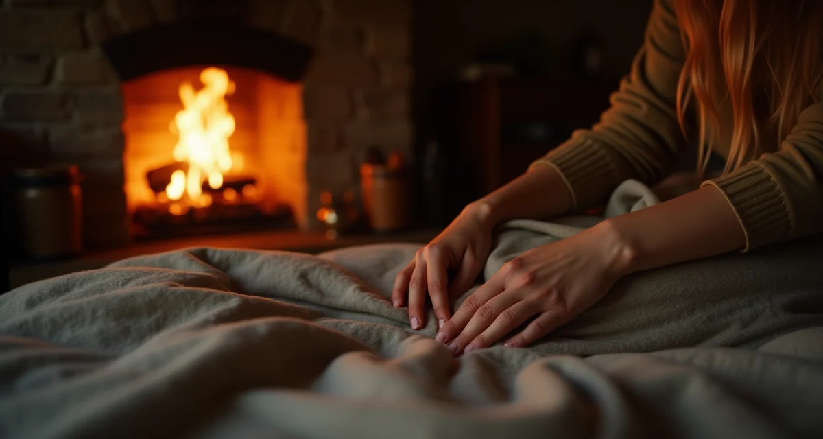 Piccolo camino in pietra con fiamma viva che riscalda l'ambiente di una camera da letto accogliente