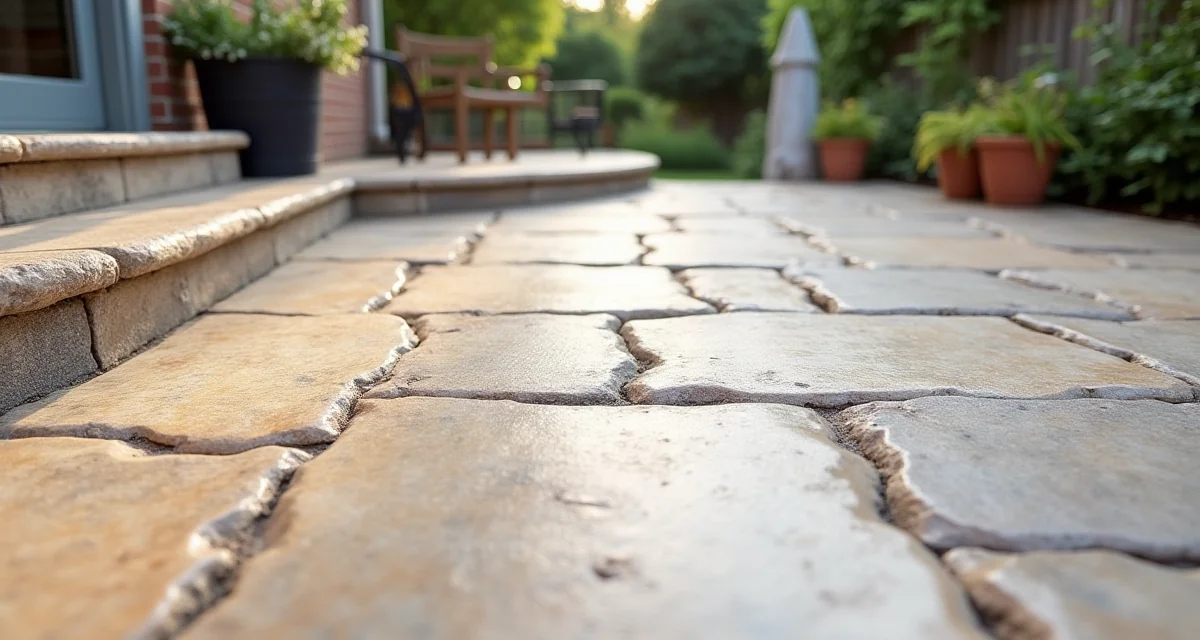 Pavimentazione in cemento stampato che imita lastre di pietra su un patio illuminato dalla luce naturale
