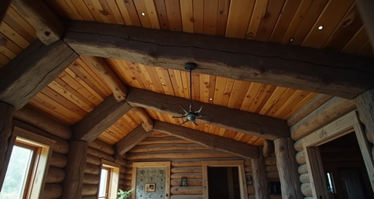 Soffitto in legno rustico con travi scure in una casa di montagna illuminato da luce calda