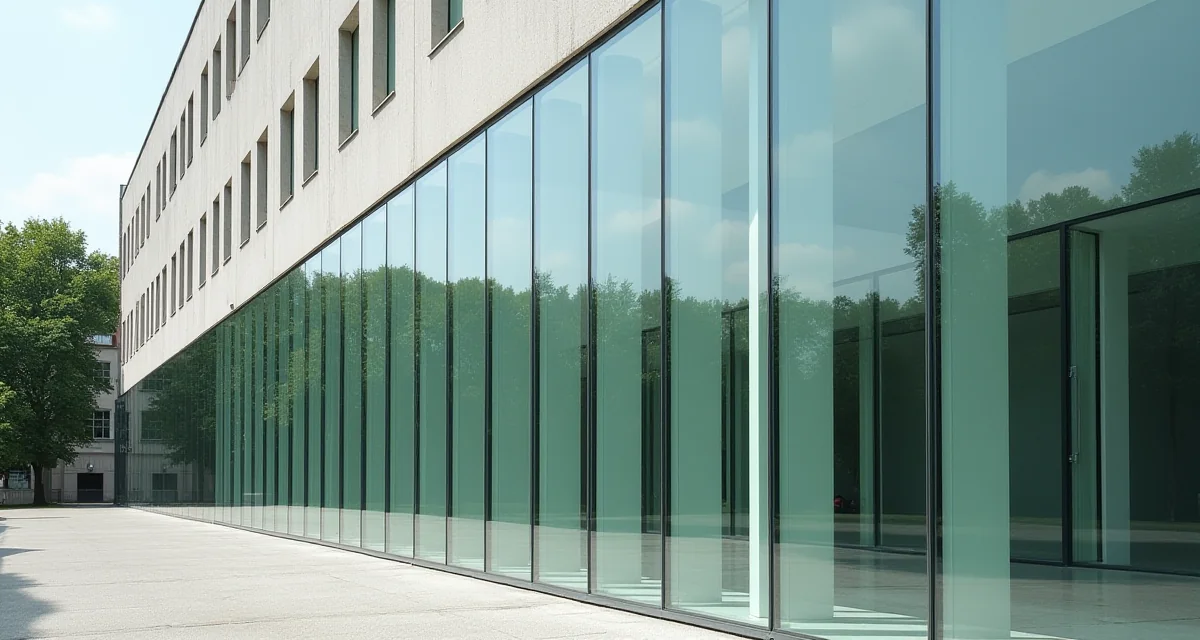 Vista esterna del muro continuo in vetro dell'edificio Bauhaus a Dessau illuminato dalla luce diurna