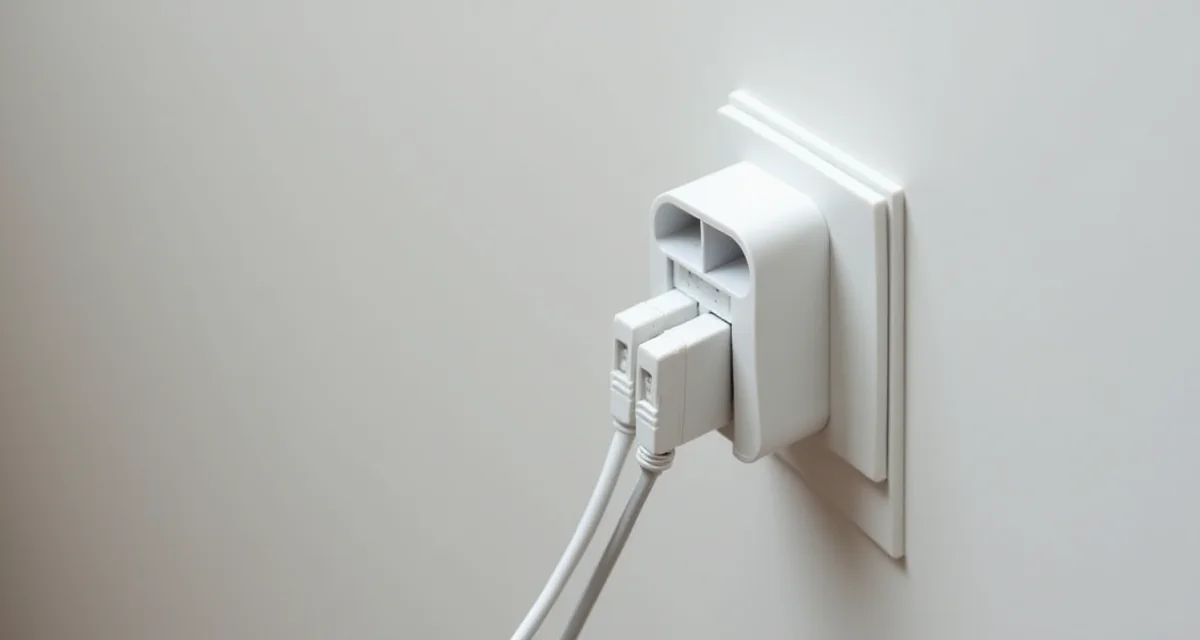 Filtro ADSL bianco con due cavi collegati alla presa telefonica a muro in primo piano