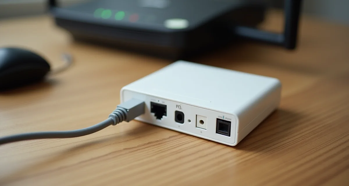 Filtro ADSL bianco con prese RJ11 e cavo grigio su scrivania di legno accanto al router WiFi
