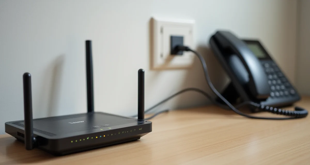 Router ADSL e telefono collegati alla presa telefonica su una scrivania in composizione verticale