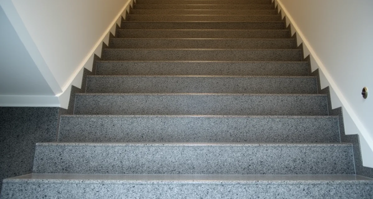 Scala interna rivestita in granito grigio lucido con finitura levigata e riflessi brillanti