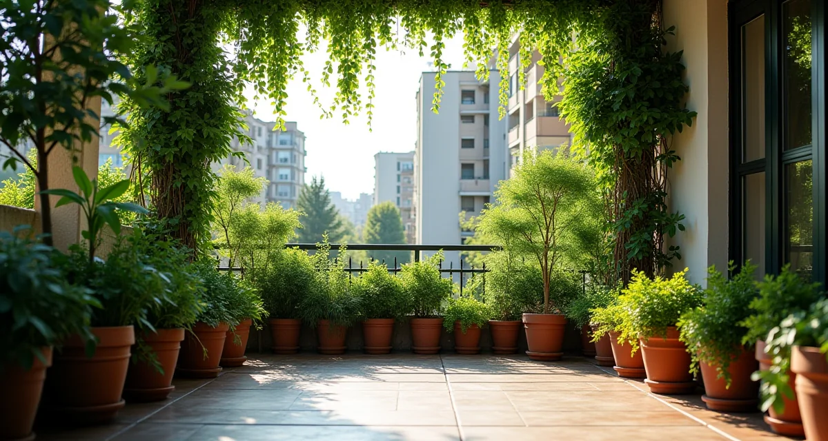 Terrazza abitativa ombreggiata da piante alte e rampicanti per ridurre il calore durante le giornate soleggiate