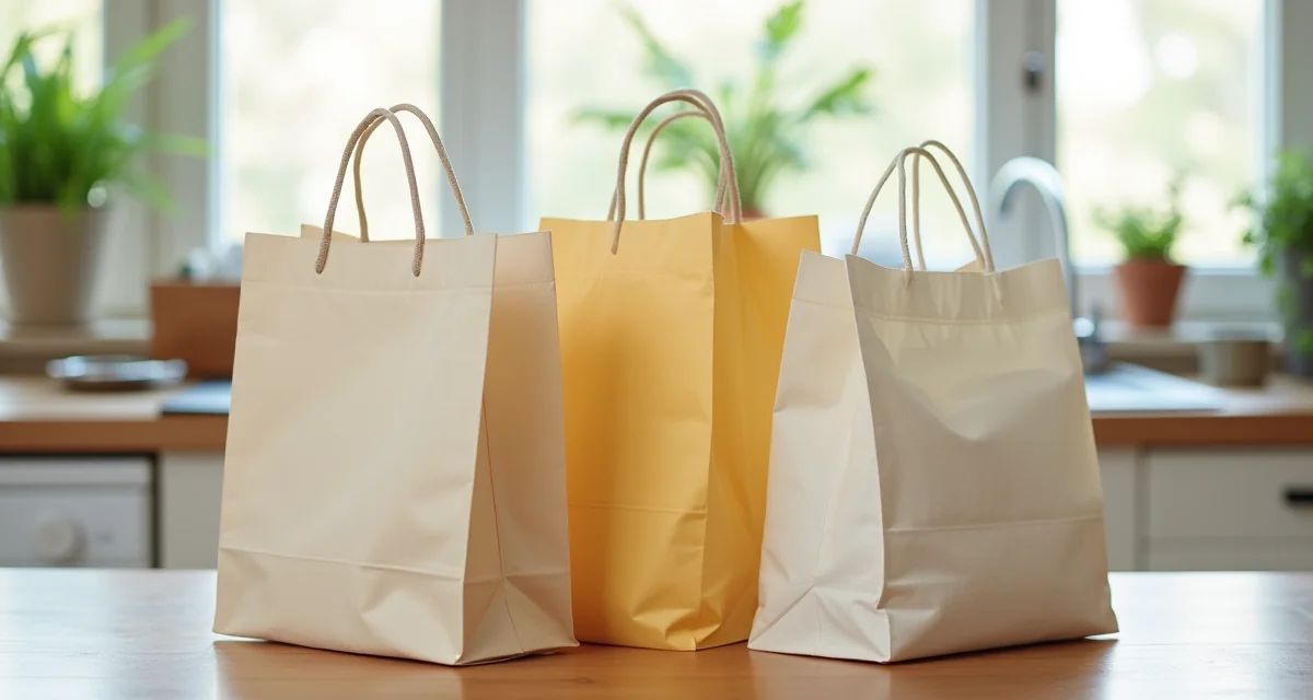 Borse di stoffa riutilizzabili su un tavolo da cucina al posto delle bustine di plastica