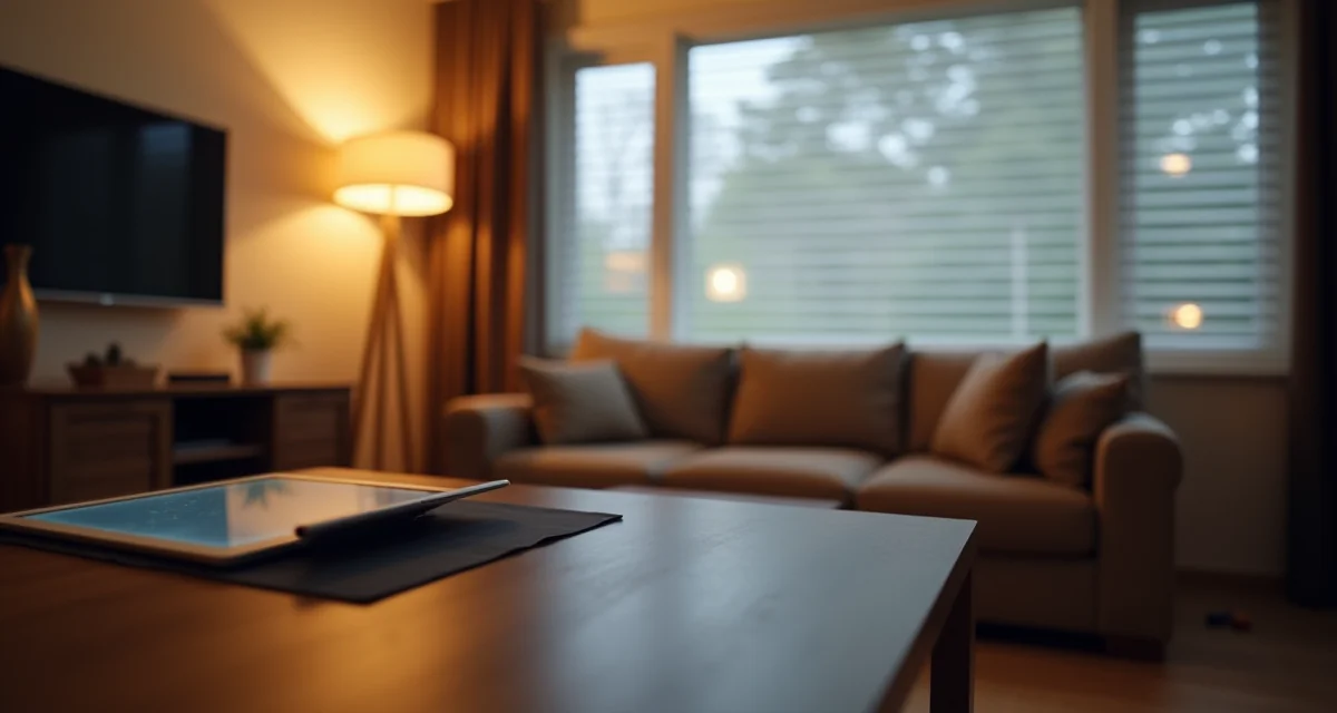 Soggiorno di una casa intelligente con luci connesse, tapparelle automatizzate e un tablet sul tavolo