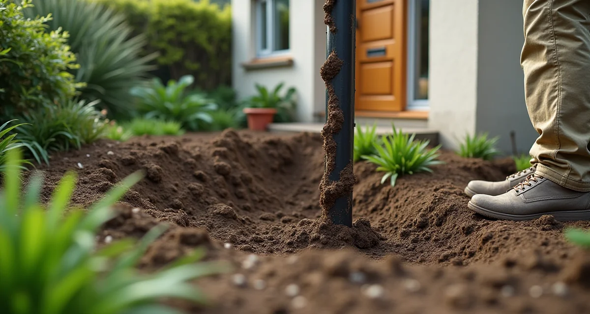 Trivella geotermica in giardino che installa sonde verticali per il riscaldamento domestico