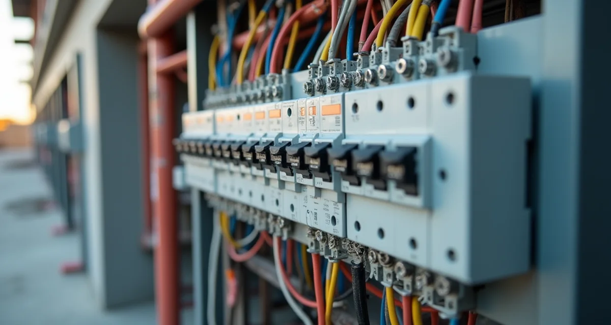 Quadro elettrico provvisorio da cantiere con cavi collegati per la distribuzione temporanea dell'energia