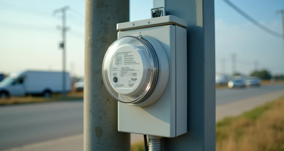 Armadio contatore elettrico temporaneo su palo per cantiere in acciaio durante il giorno