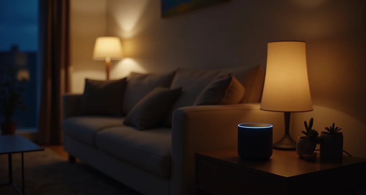 Soggiorno con lampade accese e altoparlante intelligente per controllo vocale dell'impianto luci