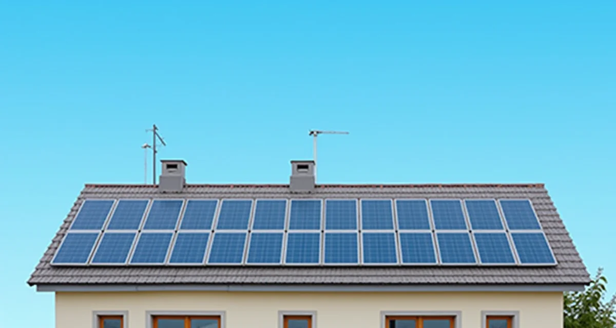 Pannelli fotovoltaici installati sul tetto di un palazzo residenziale sotto un cielo azzurro sereno