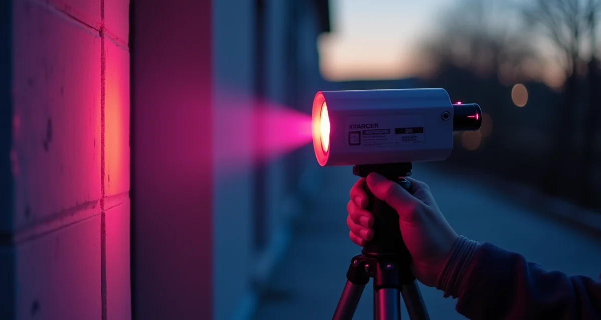 Termocamera su treppiede puntata contro una parete edilizia durante il crepuscolo per rilevare dispersioni termiche
