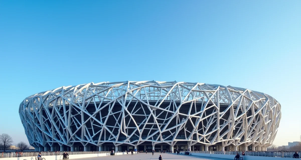 Struttura in acciaio a reticolo del National Stadium di Pechino sotto un cielo blu limpido