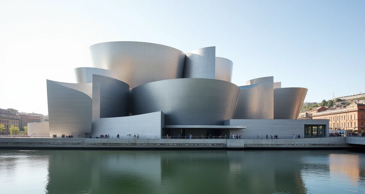 Museo Guggenheim di Bilbao con pannelli in titanio curvi che riflettono il fiume e la luce del giorno