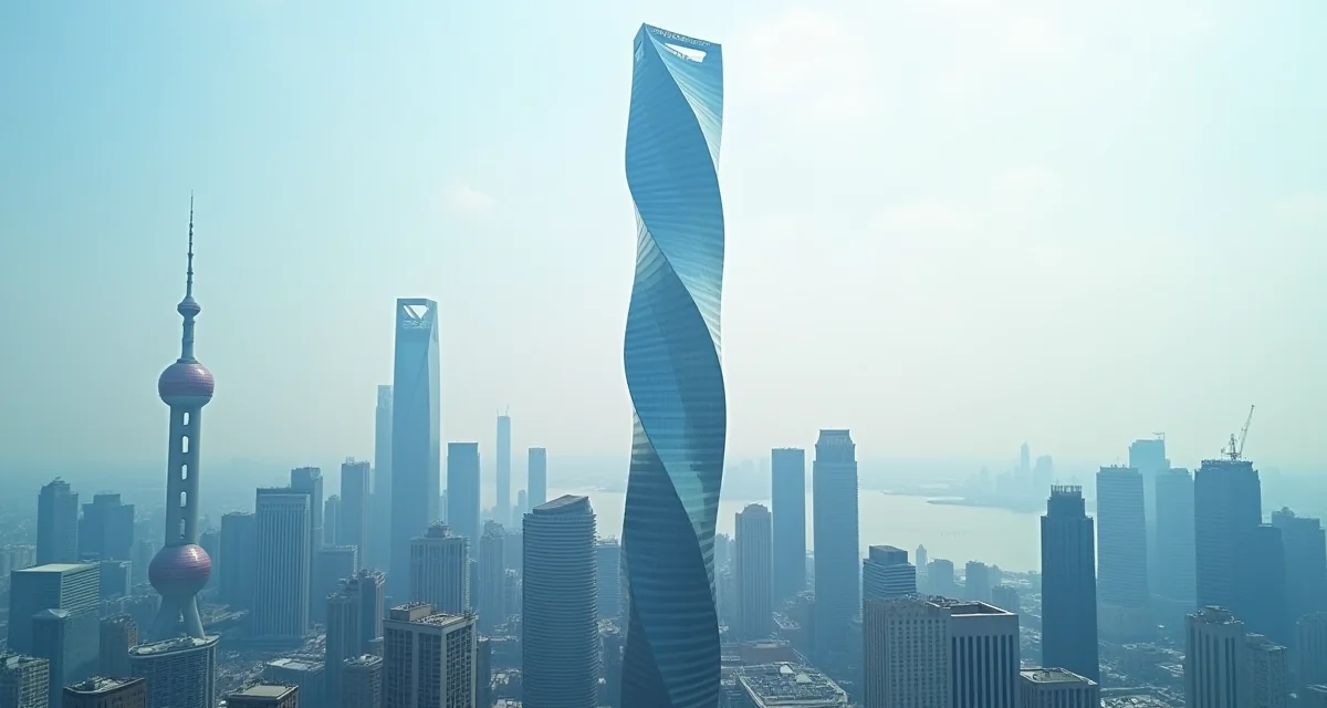 Grattacielo in vetro attorcigliato che si erge sopra lo skyline di Shanghai durante il giorno
