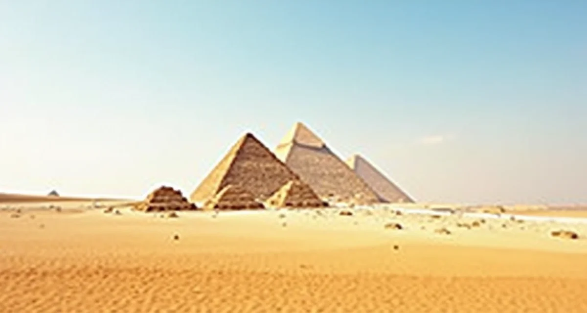Le piramidi di Giza in Egitto si ergono sotto un cielo limpido con sabbia del deserto in primo piano
