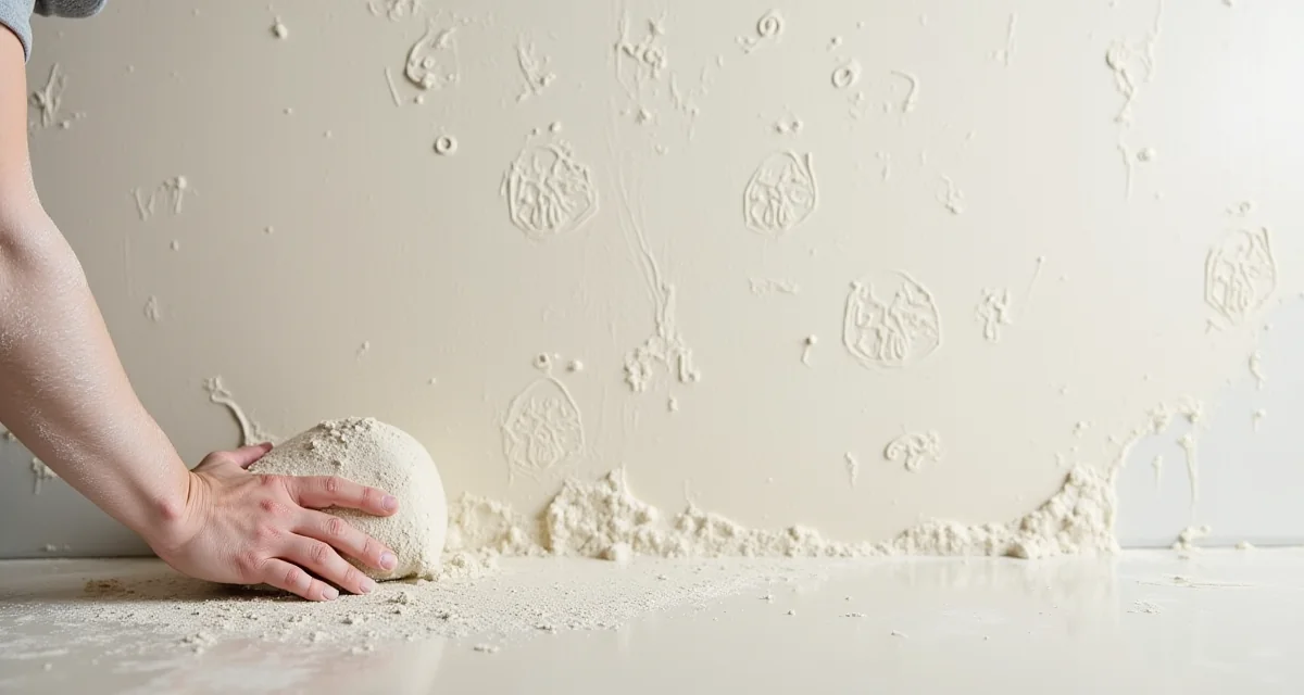 Stampo in gomma appoggiato sull'intonaco fresco per creare un effetto pietra decorativo sulla parete