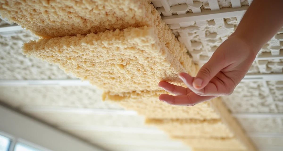 Pannelli isolanti in fibra di legno posati sopra la griglia del controsoffitto sospeso per l'isolamento acustico