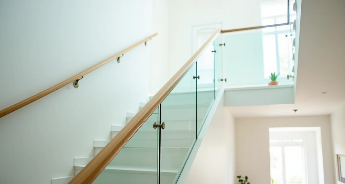 Ringhiera in cristallo senza telaio su scala interna di una casa moderna luminosa e spaziosa