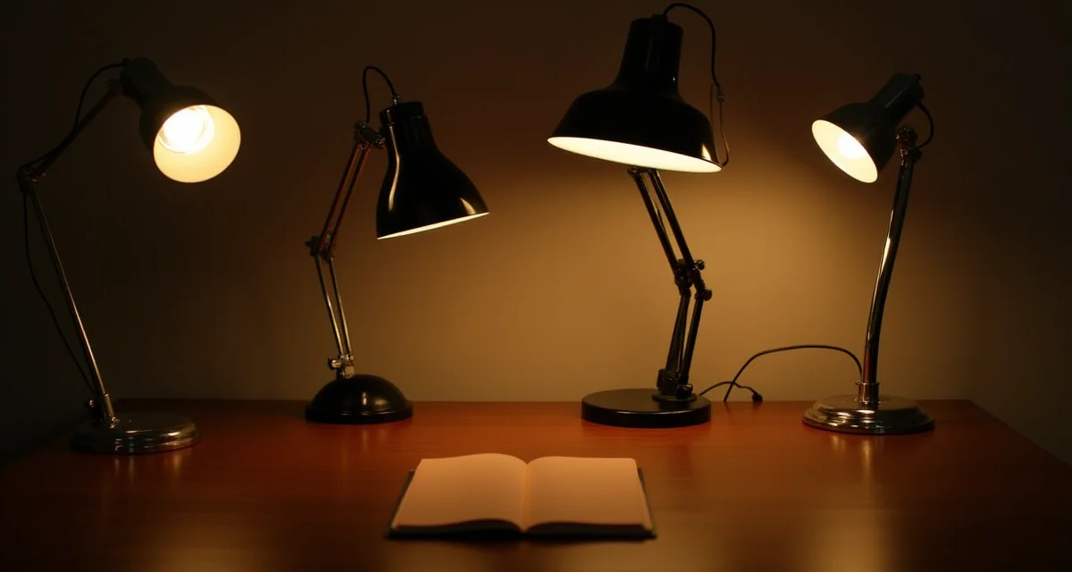 Diverse lampade da scrivania di stili diversi illuminate su una scrivania in legno con luce calda serale