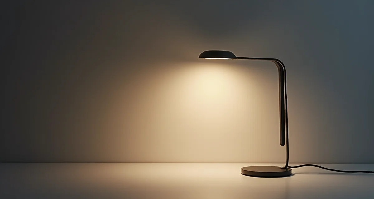 Lampada da scrivania LED moderna con luce soffusa su una scrivania minimalista in legno chiaro