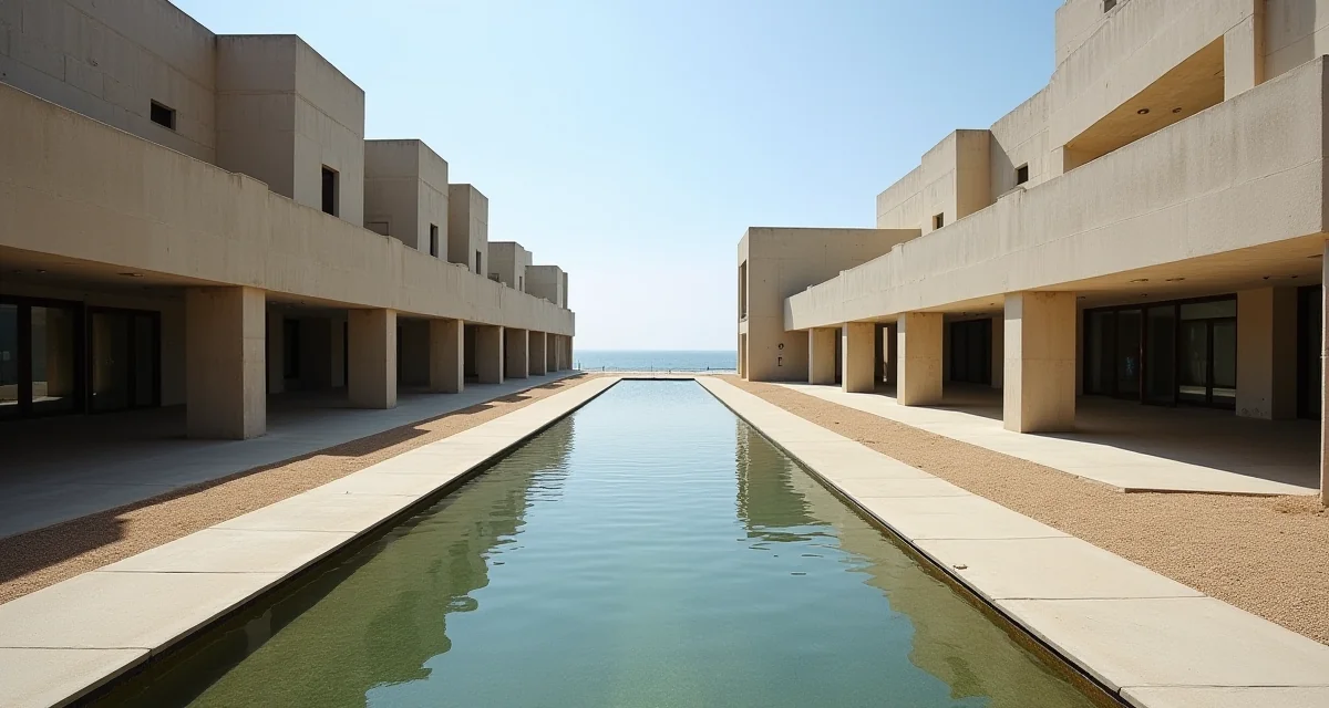 Cortile dell'Istituto Salk con canale d'acqua tra torri di cemento verso l'oceano