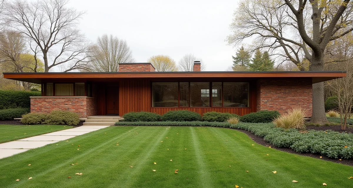 Casa Usoniana di Frank Lloyd Wright con muri in legno e mattoni immersa nel giardino sotto la luce del giorno