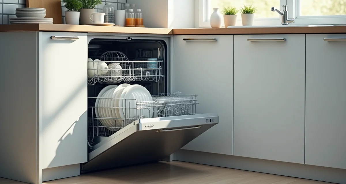 Lavastoviglie installata nell'angolo cucina con tubo di scarico lungo e flessibile collegato al lavello