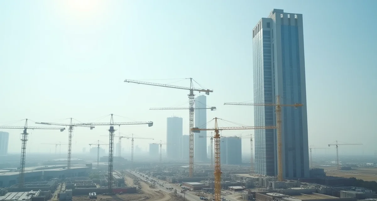 Cantiere edile con gru torri e palazzo in calcestruzzo in fase di costruzione sotto il sole