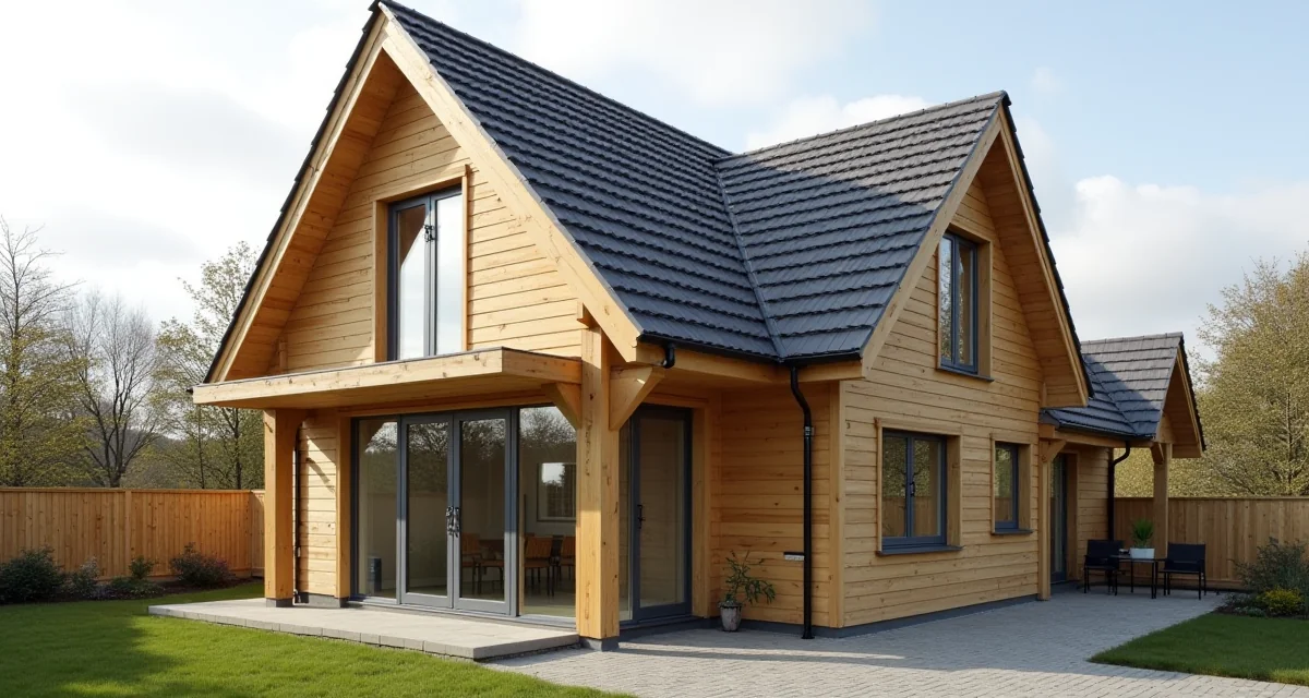 Casa moderna in legno con rivestimento verticale sotto la luce del giorno