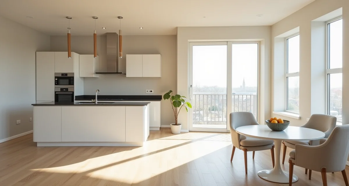 Ambiente open space luminoso che integra cucina e soggiorno in un unico ambiente spazioso e moderno