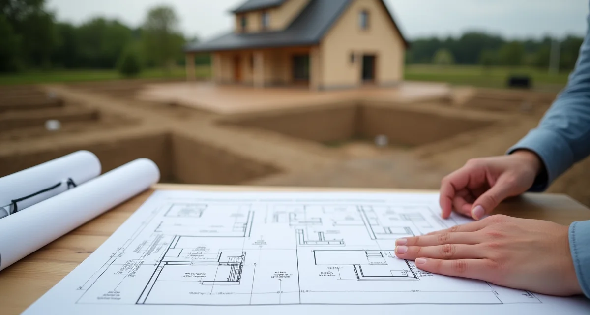 Disegni esecutivi su tavolo con fondamenta in cemento sullo sfondo del cantiere per costruire una casa